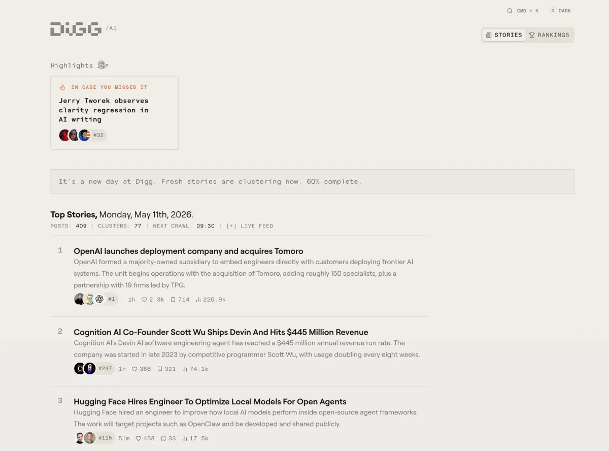 Digg перезапустился как агрегатор ИИ-новостей на основе сигналов из X